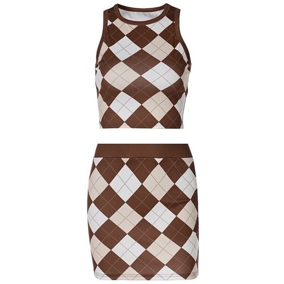 Womens Matching Set Outfit Tank Skirt Mini Size XS Brown Ivory Diamond Stretch - Picture 10 of 16